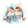 Two watercolor christmas birds on branch. Generative ai Royalty Free Stock Photo