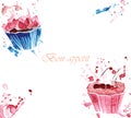 Two watercolor cupcakes with splashes