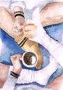 Two watercolor girls friends in sweater and socks with tea mugs