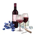 Two watercolor glasses of red wine, bottle, grapes, cheese and corkscrew Royalty Free Stock Photo