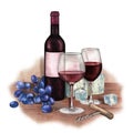 Two watercolor glasses of red wine, bottle, grapes, cheese and corkscrew Royalty Free Stock Photo