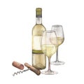 Two watercolor glasses of white wine, bottle, cork and corkscrew Royalty Free Stock Photo