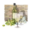 Two watercolor glasses of white wine, bottle, white grapes and cheese Royalty Free Stock Photo