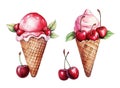 Two watercolor ice cream with cherries and mint in waffle cup isolated on white background Royalty Free Stock Photo