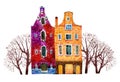 Two watercolor old stone europe houses. Amsterdam buildings with trees. Hand drawn cartoon illustration