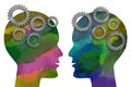 Two watercolor painted heads facing each other with metal gears isolated on white background. Think and communication concept.