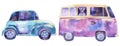 Two watercolor painted vehicles