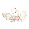 Two watercolor tender white swans with a bouquet
