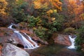 Two waterfall in golden fall forest Royalty Free Stock Photo