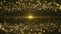 Two waves of gold dust. Background of sparkling golden dust bokeh with beam of light in the center on black background Royalty Free Stock Photo