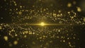 Two waves of gold dust. Background of sparkling golden dust bokeh with beam of light in the center on black background Royalty Free Stock Photo