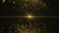 Two waves of gold dust. Background of sparkling golden dust bokeh with beam of light in the center on black background Royalty Free Stock Photo