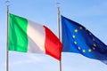 Two waving flags of ITALY and EUROPEAN UNION