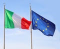 Two waving flags of Italy and European Union