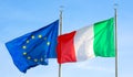 Two waving flags of ITALY and EUROPEAN UNION