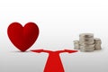 Two way arrows with heart and coins - Concept of choice between love and money