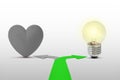 Two way arrows with heart and light bulb - Concept of choose mind over heart