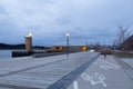 Two-way bicycle lane along the Samuel-de-Champlain boulevard seen during a dark blue hour dawn Royalty Free Stock Photo