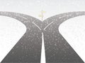 A two way highway roads with direction arrows in snowy weather