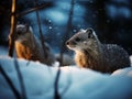 two weasels in the snow next to a tree trunk