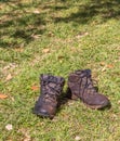 Two weathered brown boots isolated on grass