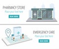 Two web banners. Facade of pharmacy store and  paper bag with pills isolated on white background. Royalty Free Stock Photo