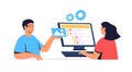 Two web developers are creating a mobile web page, one is adding an image while the other is writing code on the Royalty Free Stock Photo