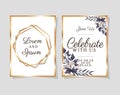 Two wedding invitations with gold frames on blue background vector design Royalty Free Stock Photo