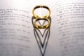 Two wedding Ring on the bible with shadow of heart shape on the page Royalty Free Stock Photo