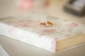 Two wedding rings on a book. Wedding details. Royalty Free Stock Photo