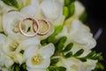 Two wedding rings in infinity sign. Love concept. Royalty Free Stock Photo