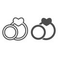 Two wedding rings line and solid icon. Couple engagement ring with heart shape symbol, outline style pictogram on white Royalty Free Stock Photo