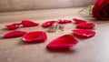 Two wedding rings lying on wooden desk surrounded by fresh red r Royalty Free Stock Photo