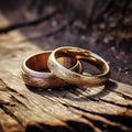 two wedding rings and old wood background, rustic effect. Royalty Free Stock Photo