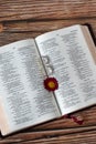 Two wedding rings on open holy bible book, vertical shot, top table view Royalty Free Stock Photo
