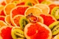 Two wedding rings on oranges marriage orange Royalty Free Stock Photo