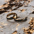 two wedding rings are placed on a granite surface as if he was going up to Royalty Free Stock Photo
