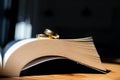 Two wedding rings are placed on the open Bible placed on the table as wedding rings prepared for lovers to wear and read Bible Royalty Free Stock Photo