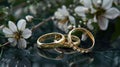 Two wedding rings placed on a table. Perfect for wedding and love concepts Royalty Free Stock Photo