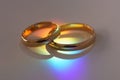 Two wedding rings with rainbow light