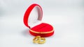 Two wedding rings in a red box in a nice love shape isolated on a white background Royalty Free Stock Photo