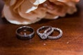 Two wedding rings, red roses Royalty Free Stock Photo