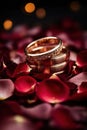 Two wedding rings are sitting on a bed of rose petals, AI Royalty Free Stock Photo