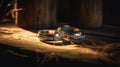 Two wedding rings sitting on a table inside a wedding reception that is taking place in a barn. AI Generative Royalty Free Stock Photo