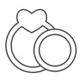 Two wedding rings thin line icon. Couple engagement ring with heart shape symbol, outline style pictogram on white Royalty Free Stock Photo