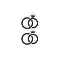 Two wedding rings vector icon. Diamond wedding rings. Bride and groom rings tangled isolated icons.