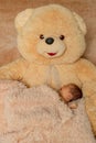 Two week old newborn baby sleeping on teddy bear