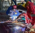 Two welder is assembling the workpiece by process shielded metal arc welding & x28;SMAW Royalty Free Stock Photo