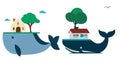 Two whales carrying house tree vector graphics