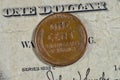 Two wheat ears surrounding lettering on the reverse side of One American cent coin series 1957, Obverse side features Abraham Royalty Free Stock Photo